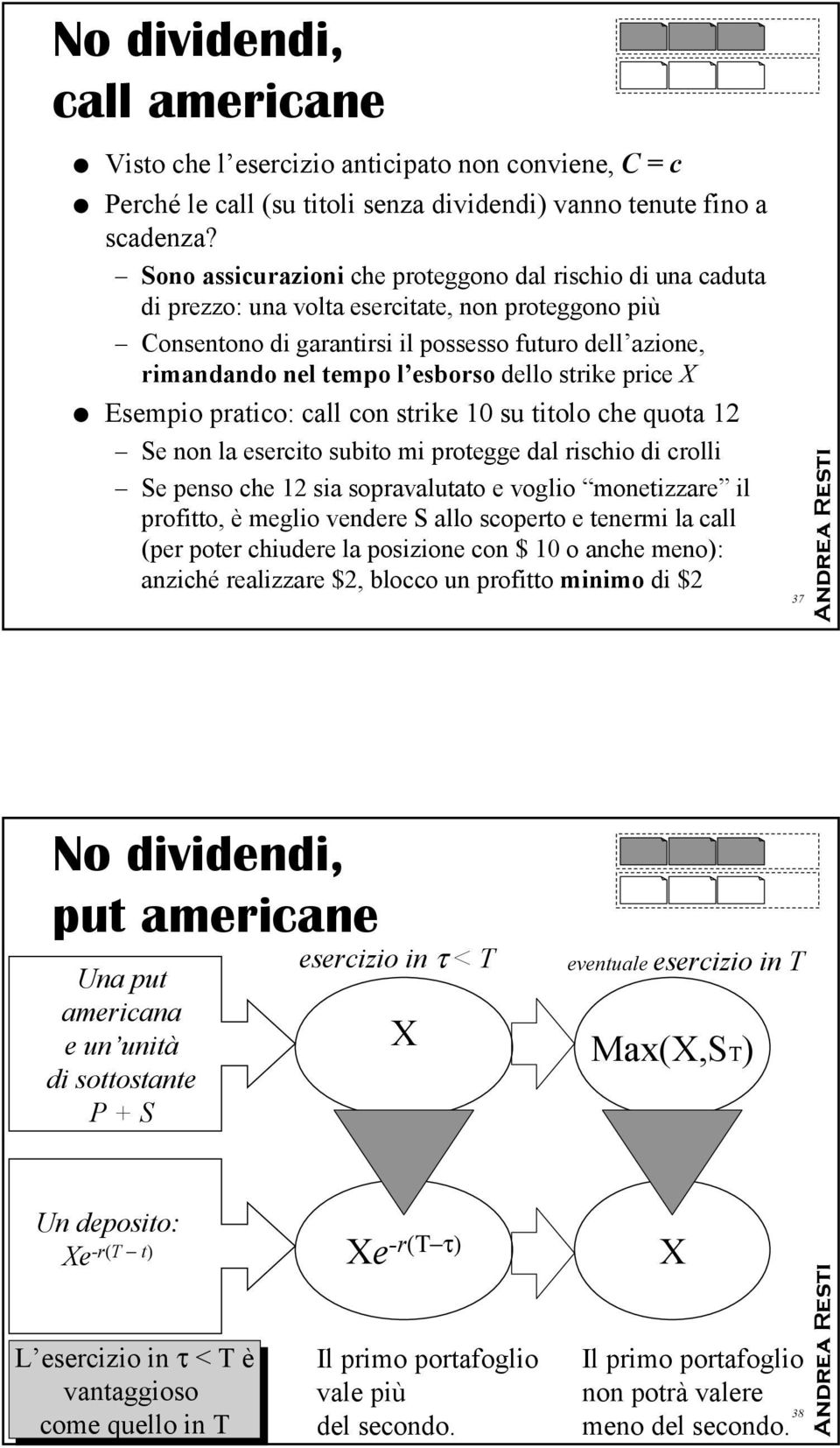 dello strike price Esempio pratico: call con strike 10 su titolo che quota 12 Se non la esercito subito mi protegge dal rischio di crolli Se penso che 12 sia sopravalutato e voglio monetizzare il