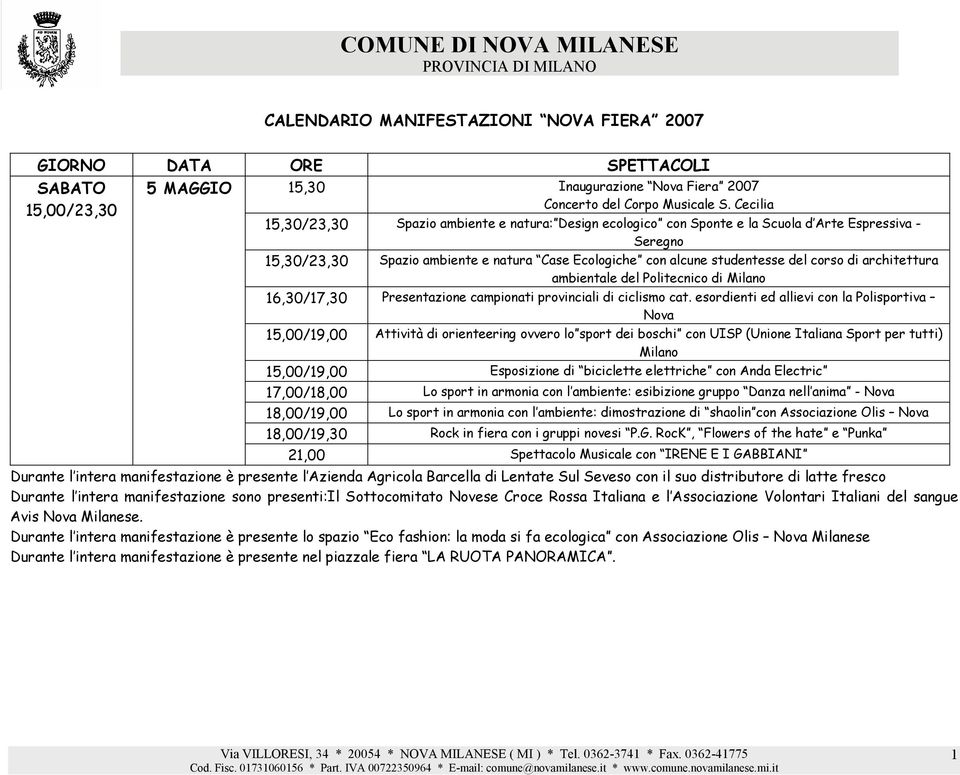 di architettura ambientale del Politecnico di Milano 16,30/17,30 Presentazione campionati provinciali di ciclismo cat.