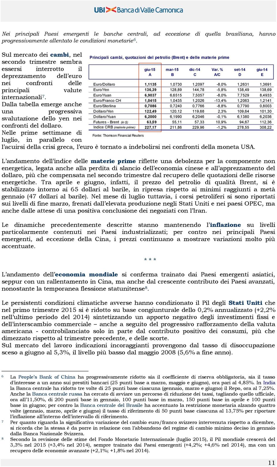 % set-14 A B C A/C D deprezzamento dell euro nei confronti delle principali valute internazionali 7. Dalla tabella emerge anche una progressiva svalutazione dello yen nei confronti del dollaro.