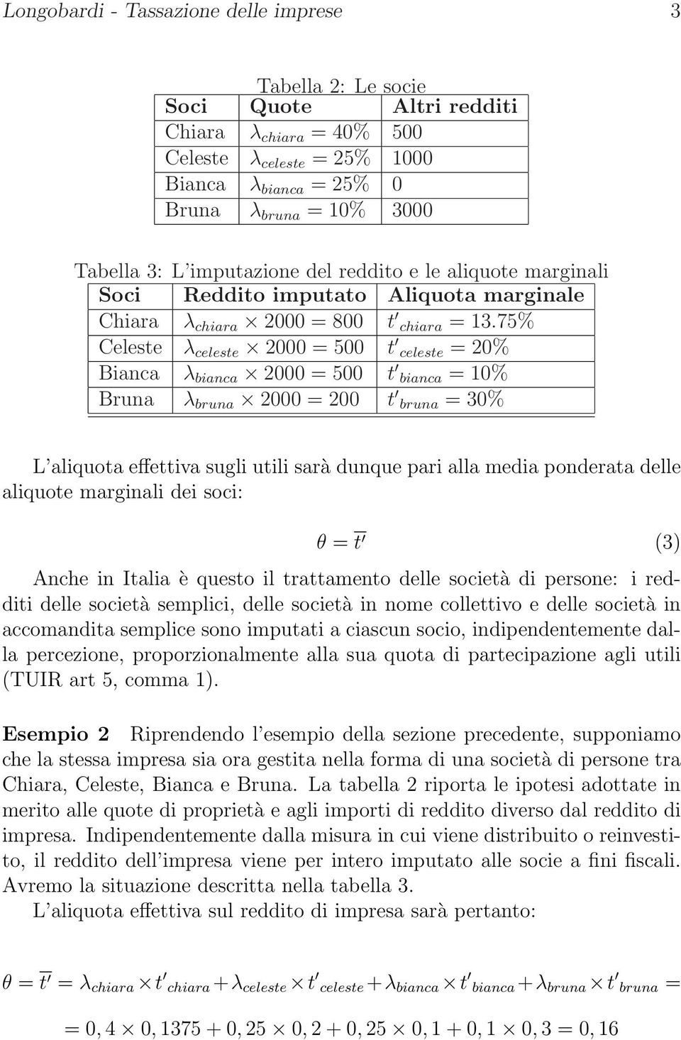 75% Celeste λ celeste 2000 = 500 t celeste = 20% Bianca λ bianca 2000 = 500 t bianca = 10% Bruna λ bruna 2000 = 200 t bruna = 30% L aliquota effettiva sugli utili sarà dunque pari alla media