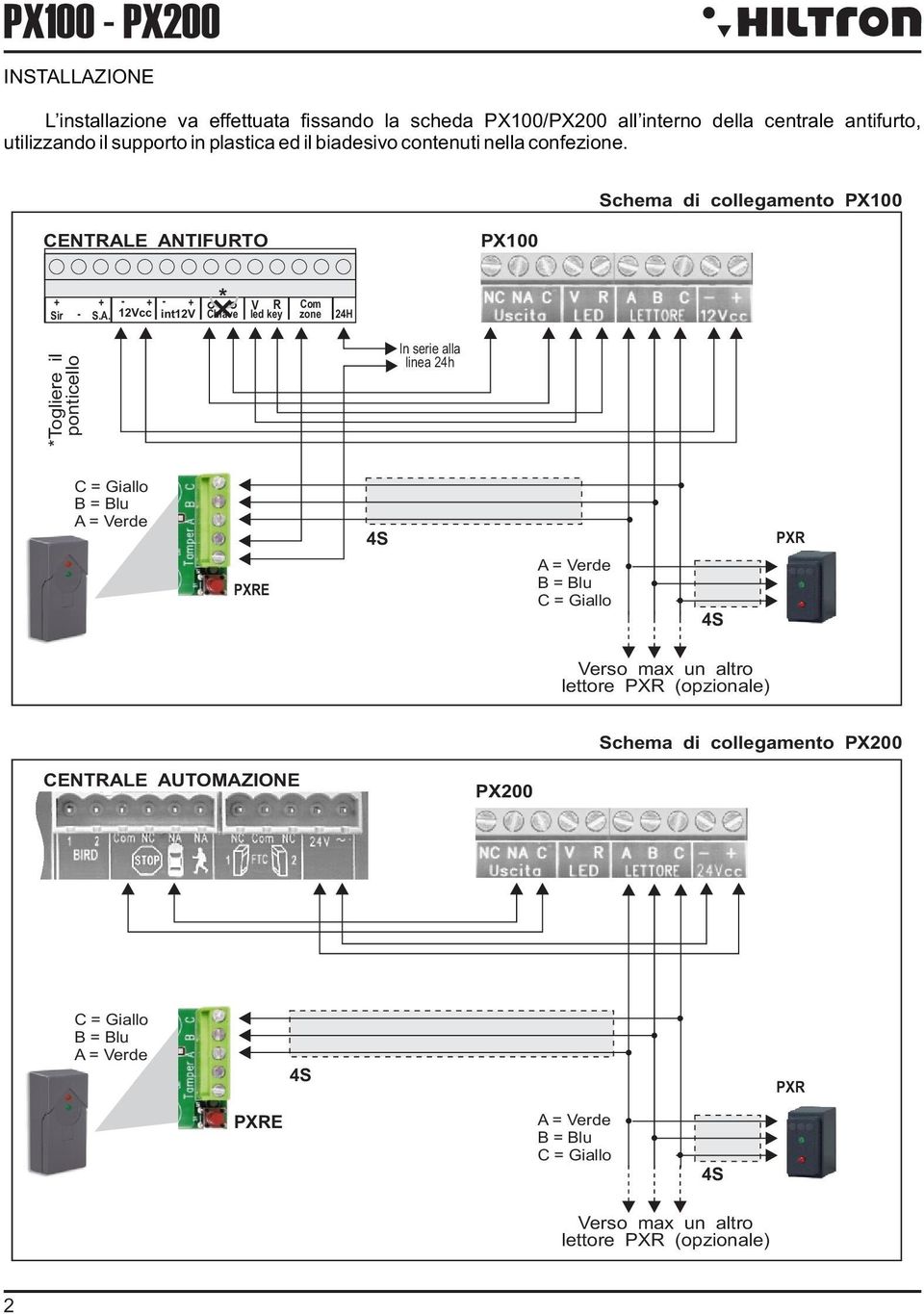 E ANTIFURTO PX100 + Sir + - + - + * V R - S.A. 12Vcc int12v Chiave led key Com zone 24H *Togliere il ponticello In serie alla linea 24h C = Giallo A =