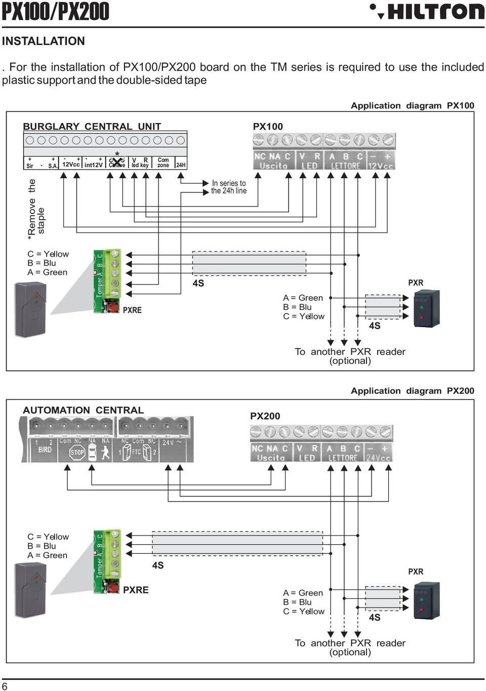 Application diagram PX100 BURGLARY CENTRAL UNIT PX100 + Sir + - + - + * V R - S.A. 12Vcc int12v Chiave led key Com zone 24H *Remove the