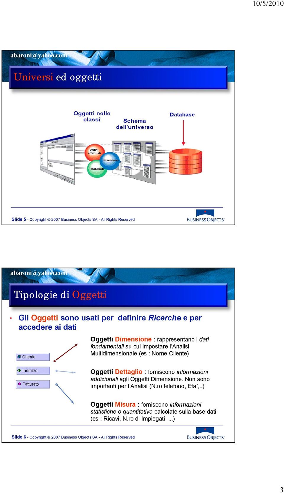 forniscono informazioni addizionali agli Oggetti Dimensione. Non sono importanti per l Analisi (N.ro telefono, Eta,.