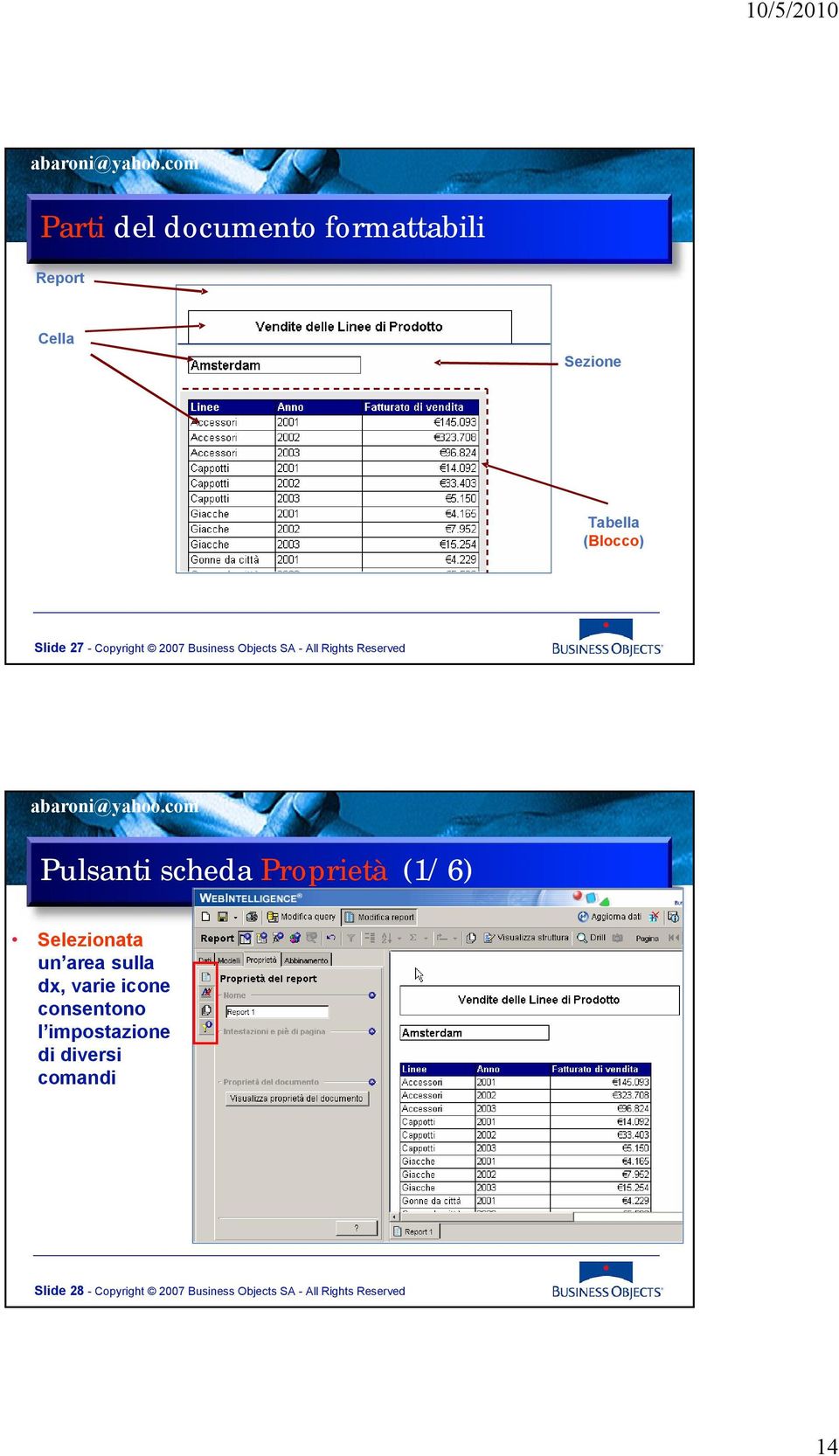 Proprietà (1/6) Selezionata un area sulla dx, varie icone consentono l