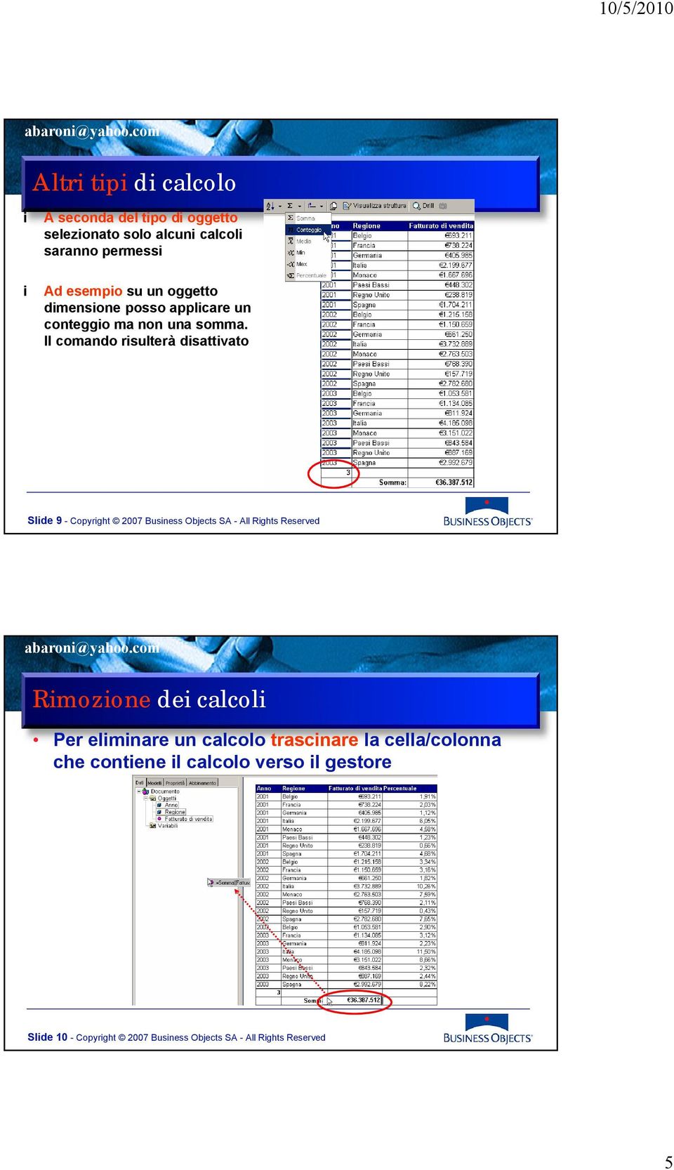 Il comando risulterà disattivato Slide 9 - Copyright 2007 Business Objects SA - All Rights Reserved Rimozione dei