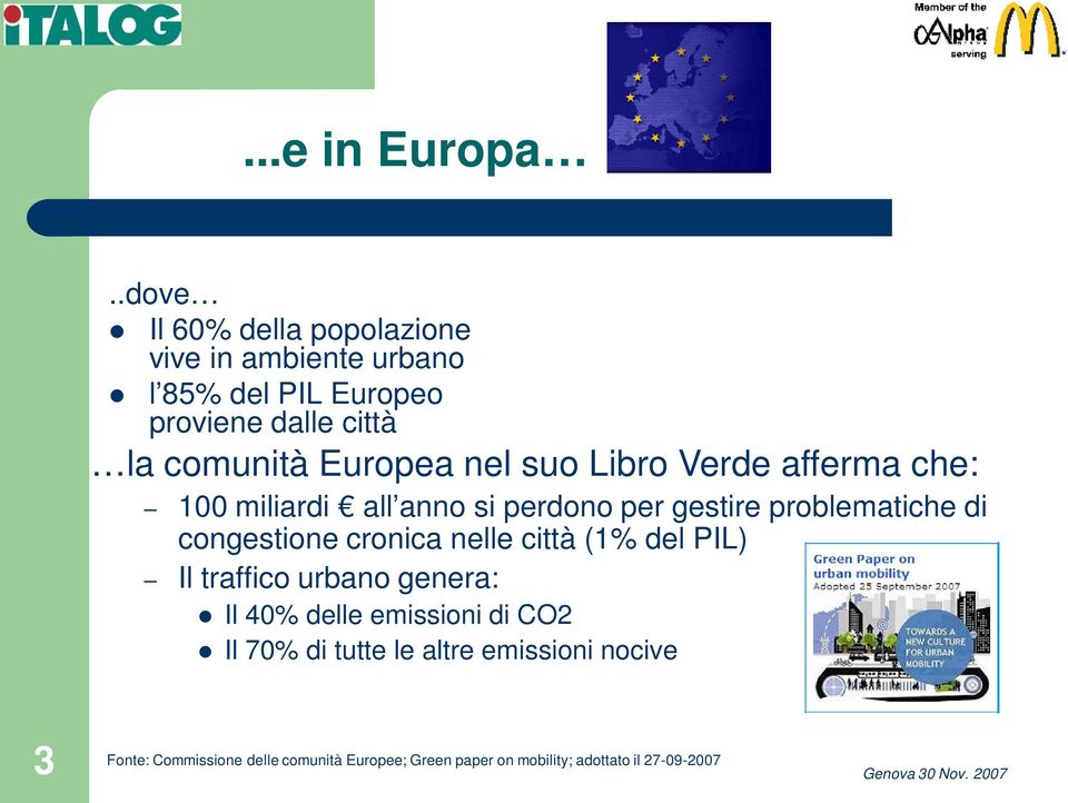 Europea nel suo Libro Verde afferma che: 100 miliardi all anno si perdono per gestire problematiche di congestione