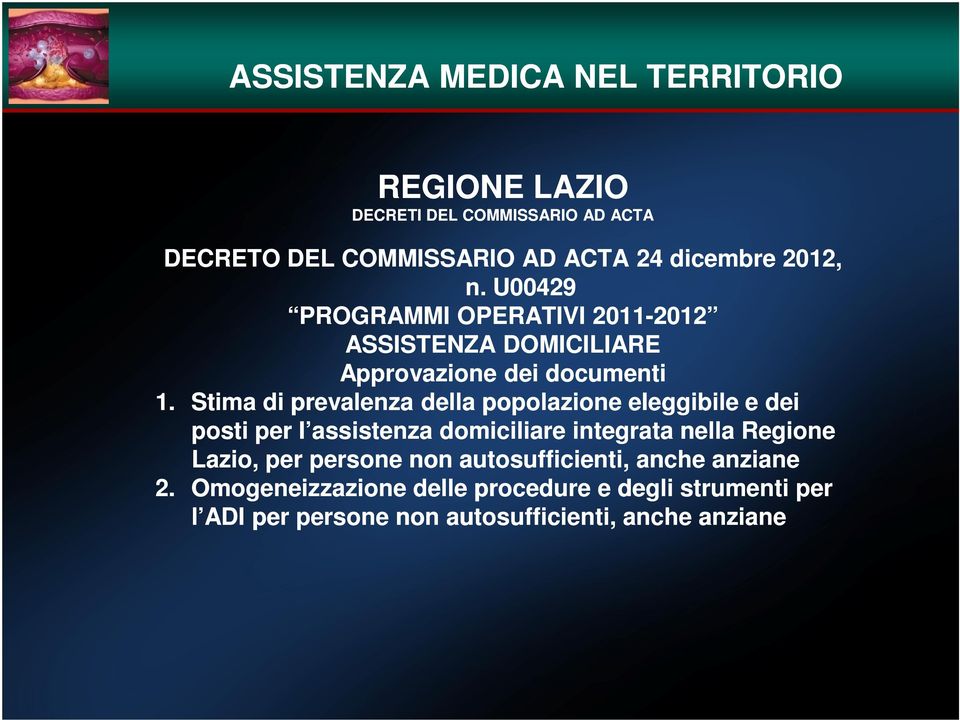 Stima di prevalenza della popolazione eleggibile e dei posti per l assistenza domiciliare integrata nella Regione Lazio, per