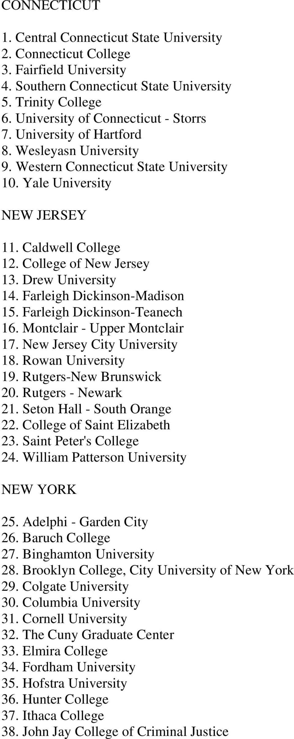 Farleigh Dickinson-Madison 15. Farleigh Dickinson-Teanech 16. Montclair - Upper Montclair 17. New Jersey City University 18. Rowan University 19. Rutgers-New Brunswick 20. Rutgers - Newark 21.