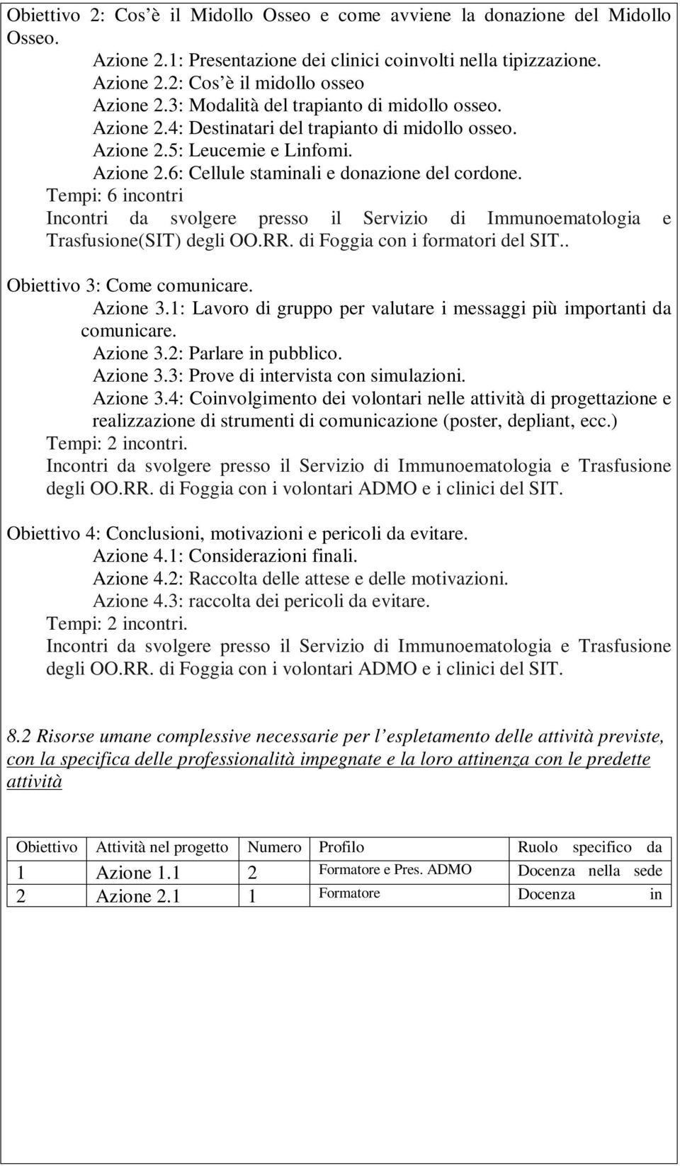 Tempi: 6 incontri Incontri da svolgere presso il Servizio di Immunoematologia e Trasfusione(SIT) degli OO.RR. di Foggia con i formatori del SIT.. Obiettivo 3: Come comunicare. Azione 3.