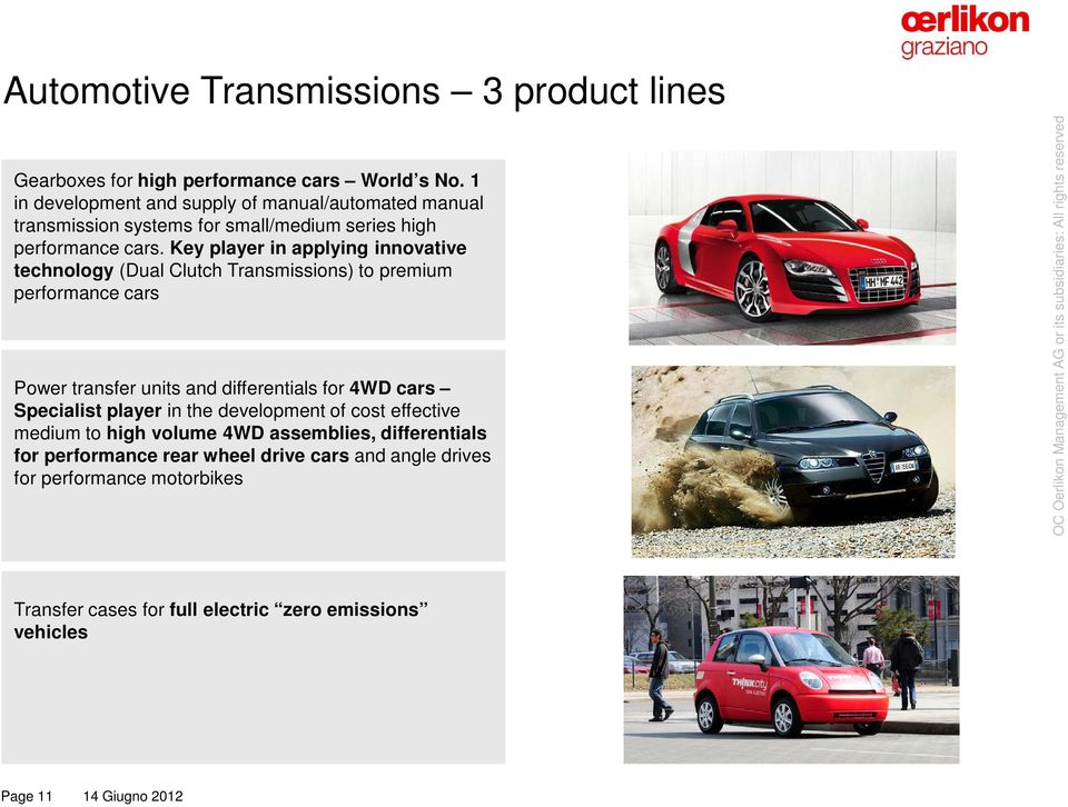 Key player in applying innovative technology (Dual Clutch Transmissions) to premium performance cars Power transfer units and differentials for 4WD cars