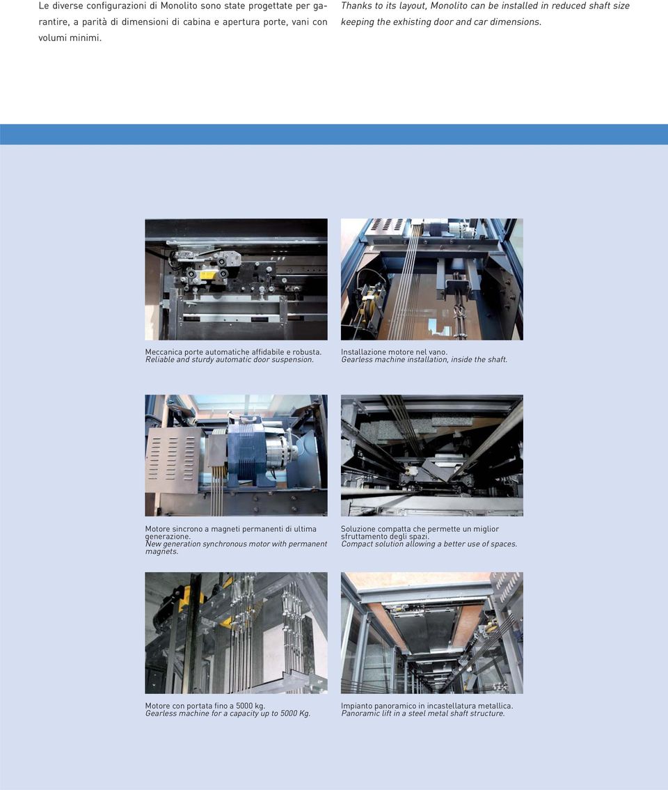 Reliable and sturdy automatic door suspension. Installazione motore nel vano. Gearless machine installation, inside the shaft. Motore sincrono a magneti permanenti di ultima generazione.