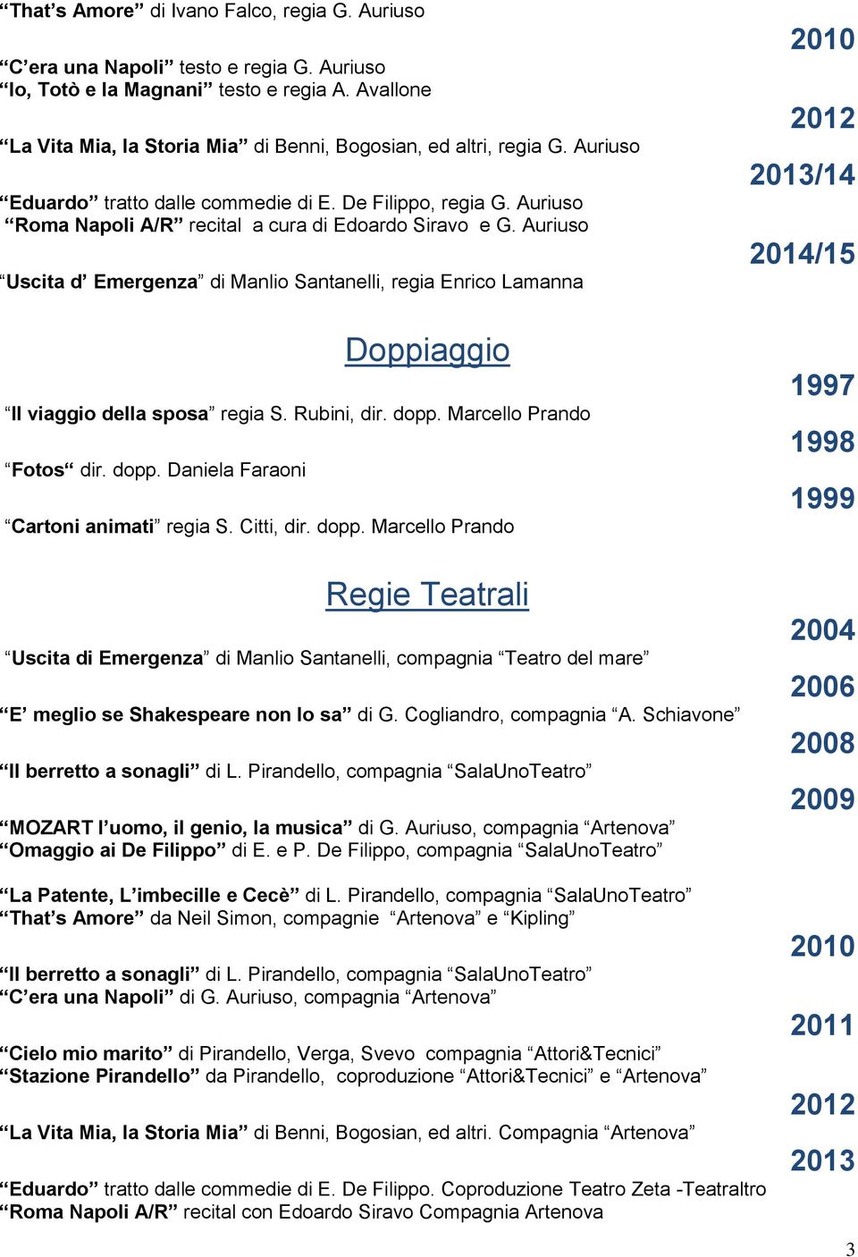 Auriuso Roma Napoli A/R recital a cura di Edoardo Siravo e G. Auriuso Uscita d Emergenza di Manlio Santanelli, regia Enrico Lamanna Doppiaggio Il viaggio della sposa regia S. Rubini, dir. dopp.