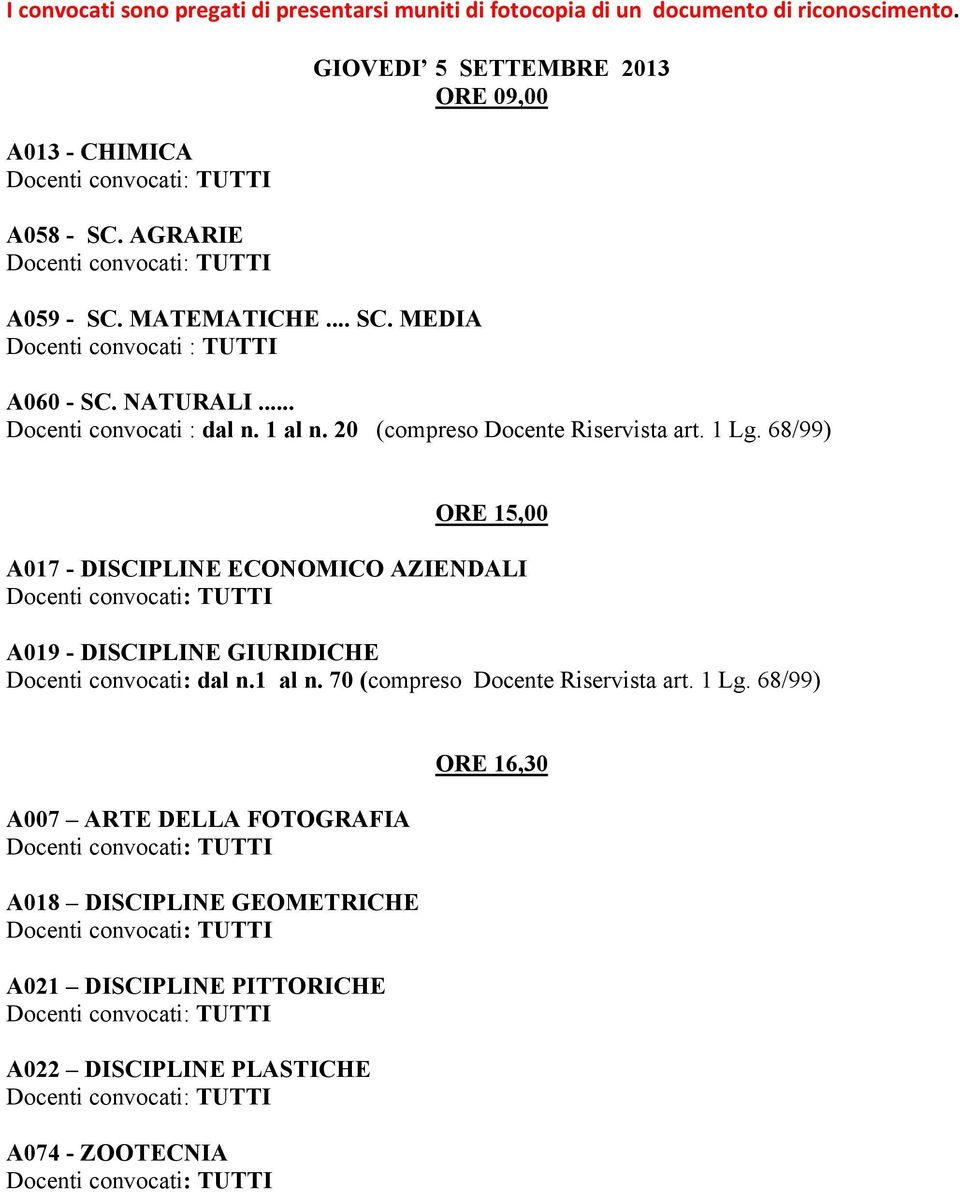 20 (compreso Docente Riservista art. 1 Lg. 68/99) A017 - DISCIPLINE ECONOMICO AZIENDALI A019 - DISCIPLINE GIURIDICHE Docenti convocati: dal n.1 al n.