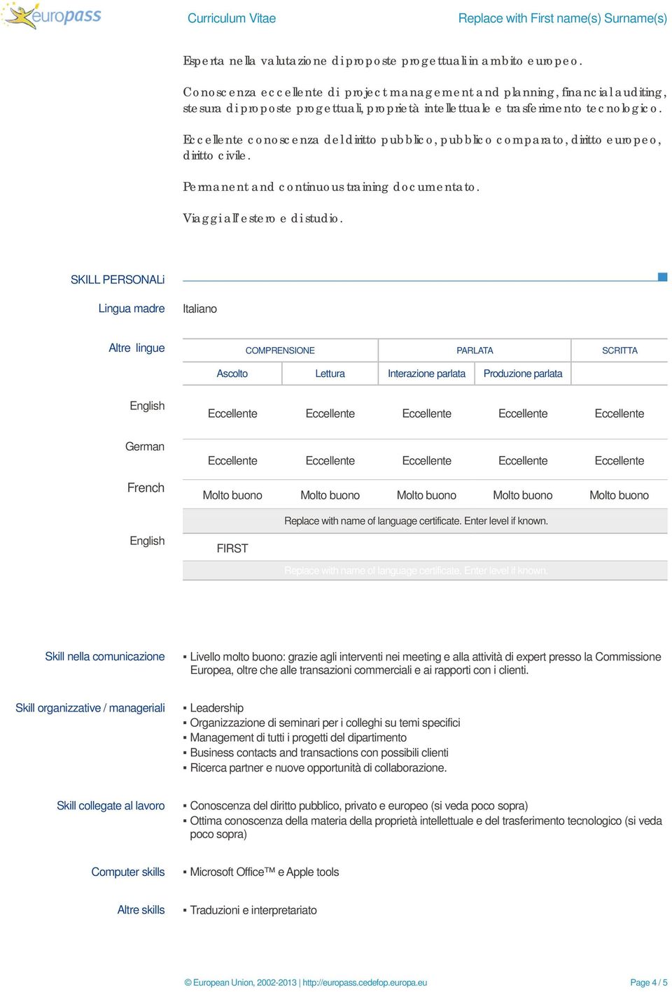 Eccellente conoscenza del diritto pubblico, pubblico comparato, diritto europeo, diritto civile. Permanent and continuous training documentato. Viaggi all estero e di studio.