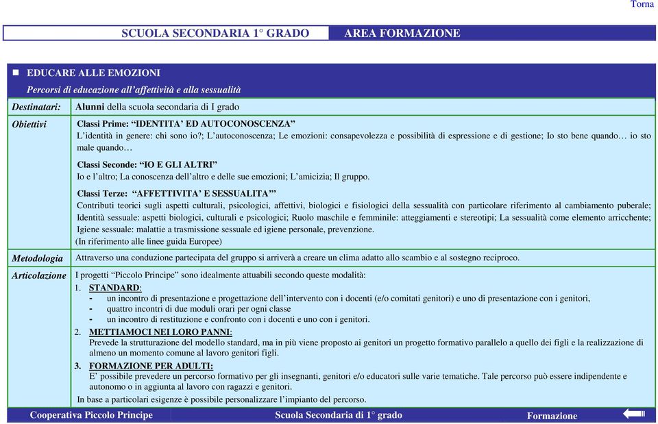 ; L autoconoscenza; Le emozioni: consapevolezza e possibilità di espressione e di gestione; Io sto bene quando io sto male quando Classi Seconde: IO E GLI ALTRI Io e l altro; La conoscenza dell altro