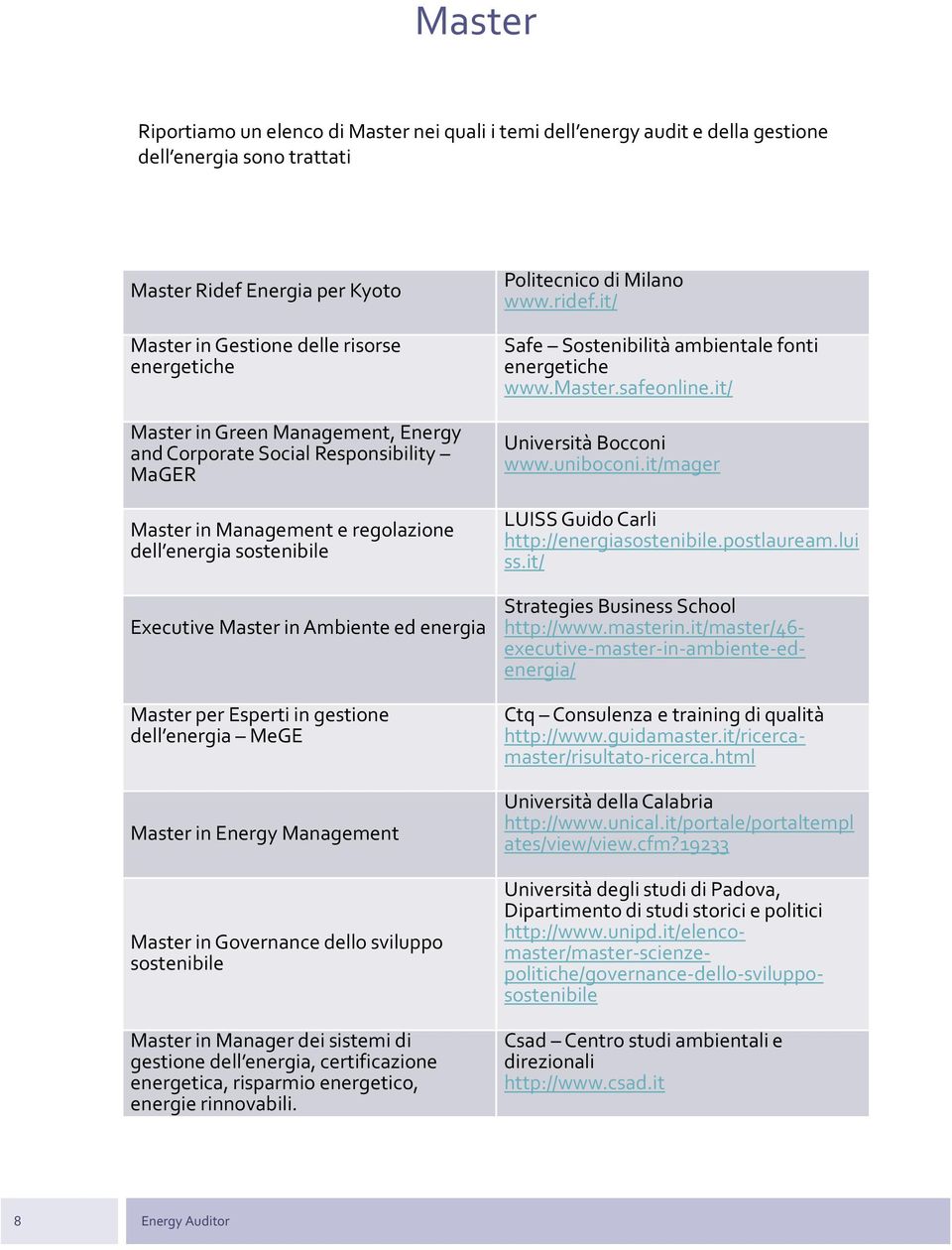 gestione dell energia MeGE Master in Energy Management Master in Governance dello sviluppo sostenibile Master in Manager dei sistemi di gestione dell energia, certificazione energetica, risparmio