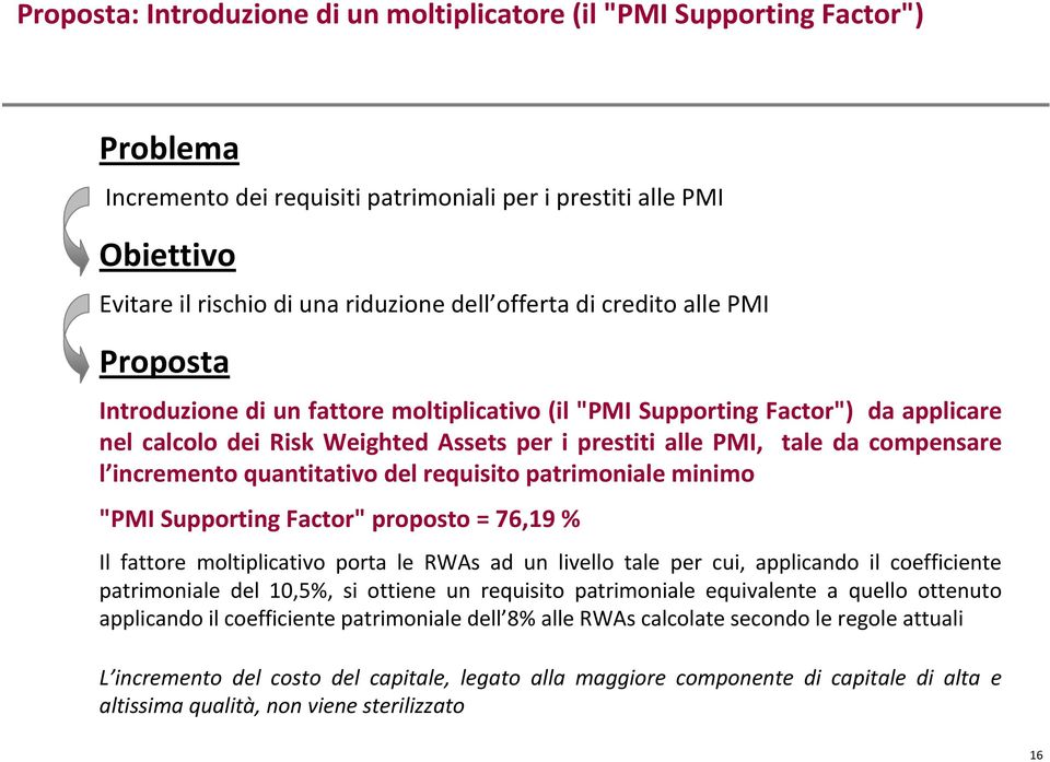 compensare l incremento quantitativo del requisito patrimoniale minimo "PMI Supporting Factor" proposto = 76,19 % Il fattore moltiplicativo porta le RWAs ad un livello tale per cui, applicando il