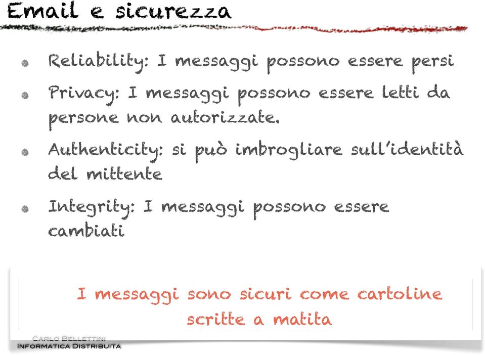 Authenticity: si può imbrogliare sull identità del mittente Integrity: I