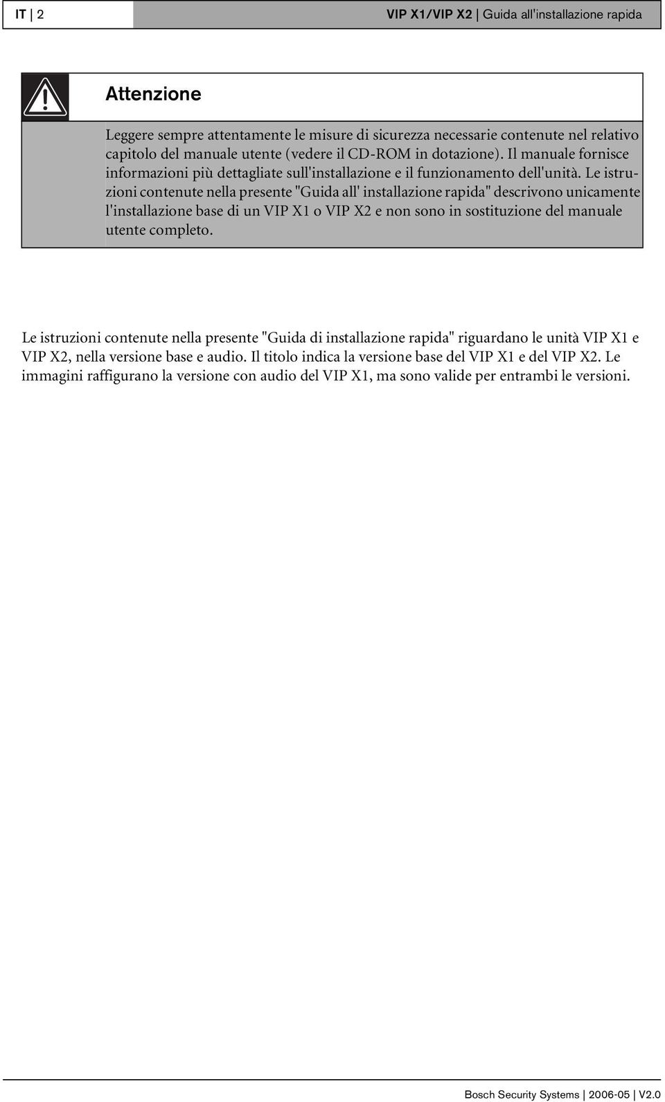 Le istruzioni contenute nella presente "Guida all' installazione rapida" descrivono unicamente l'installazione base di un VIP X1 o VIP X2 e non sono in sostituzione del manuale utente completo.