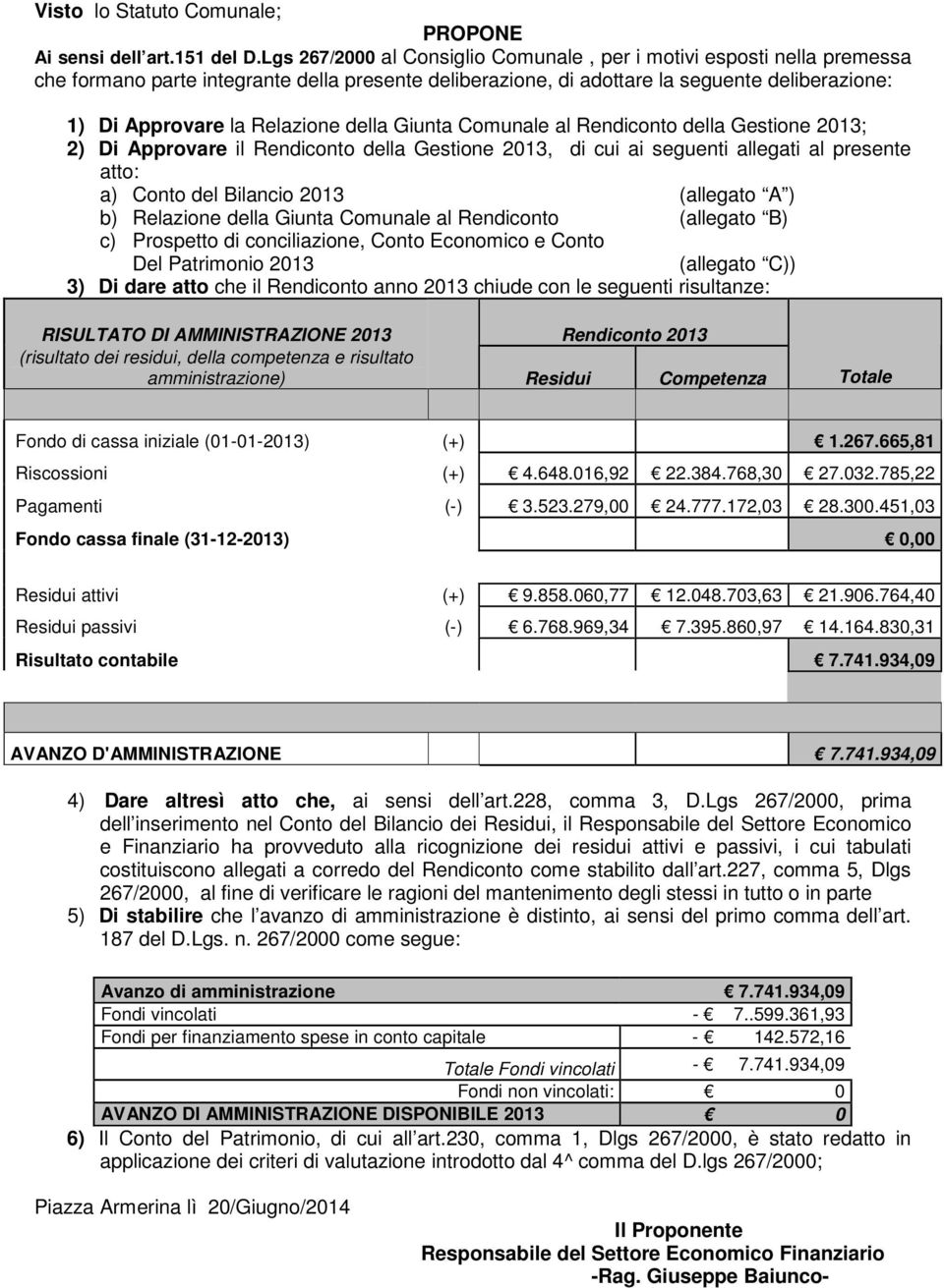 della Giunta Comunale al Rendiconto della Gestione 2013; 2) Di Approvare il Rendiconto della Gestione 2013, di cui ai seguenti allegati al presente atto: a) Conto del Bilancio 2013 (allegato A ) b)