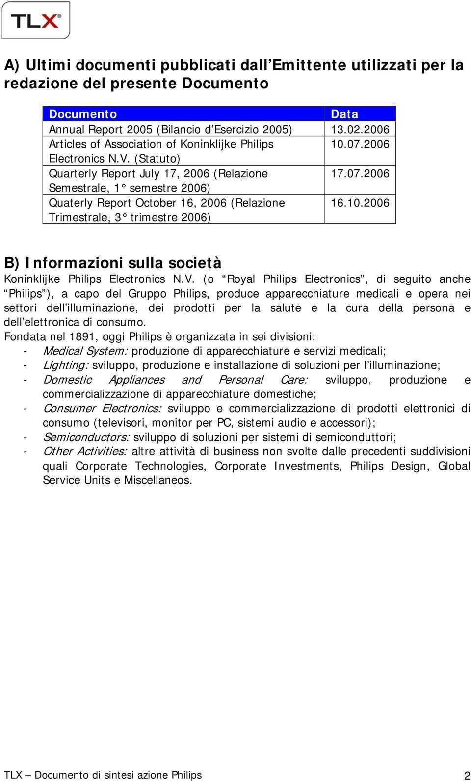 10.2006 Trimestrale, 3 trimestre 2006) B) Informazioni sulla società Koninklijke Philips Electronics N.V.