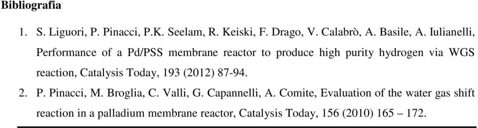 Catalysis Today, 193 (2012) 87-94. 2. P. Pinacci, M. Broglia, C. Valli, G. Capannelli, A.