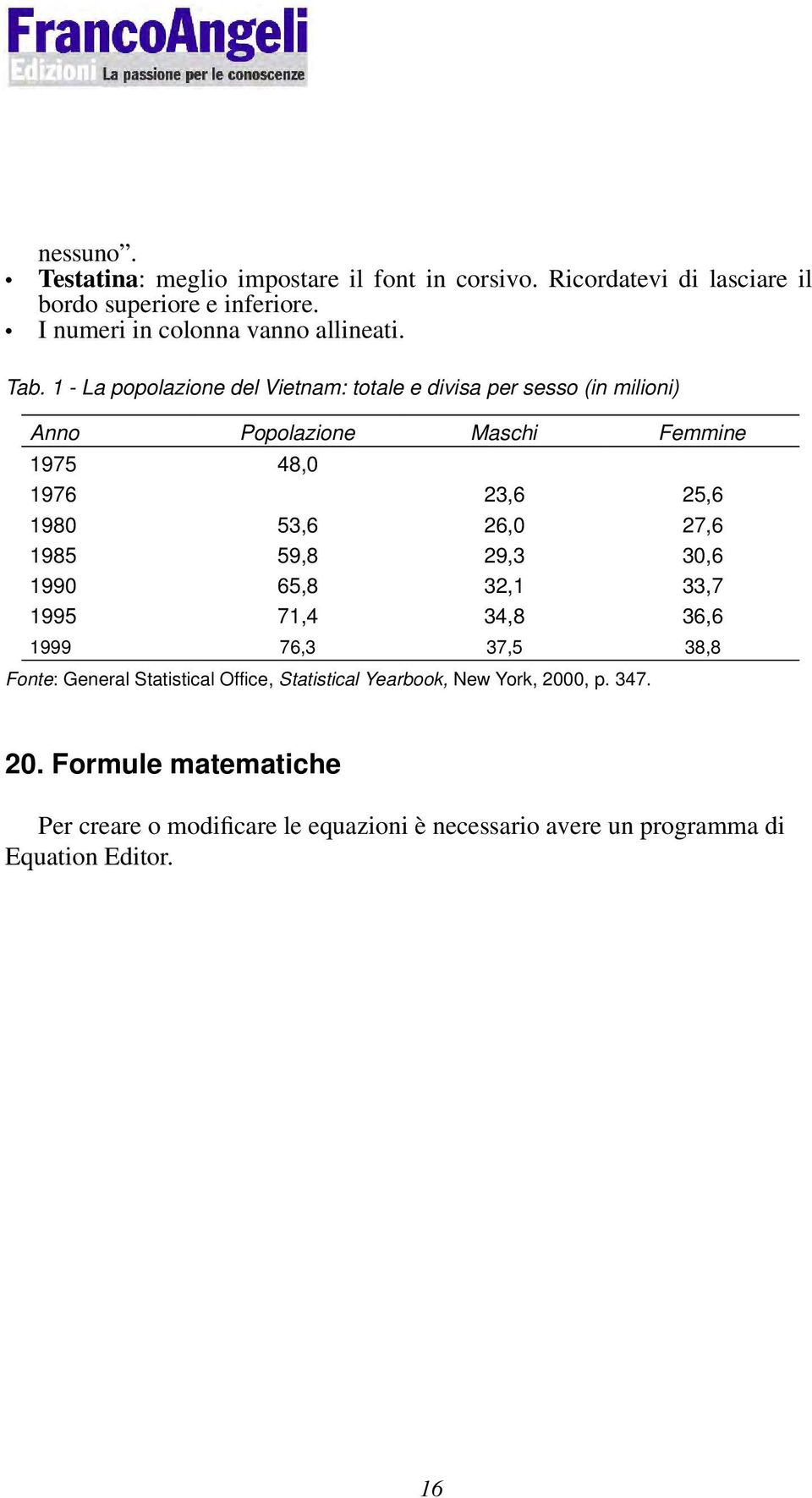 1 - La popolazione del Vietnam: totale e divisa per sesso (in milioni) Anno Popolazione Maschi Femmine 1975 48,0 1976 23,6 25,6 1980 53,6 26,0