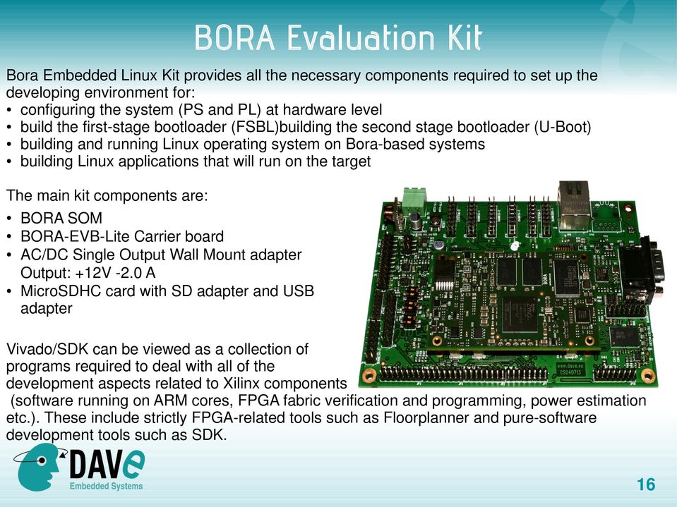 The main kit components are: BORA SOM BORA-EVB-Lite Carrier board AC/DC Single Output Wall Mount adapter Output: +12V -2.