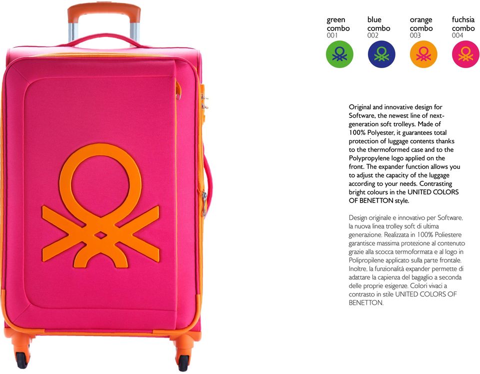 The expander function allows you to adjust the capacity of the luggage according to your needs. Contrasting bright colours in the UNITED COLORS OF BENETTON style.