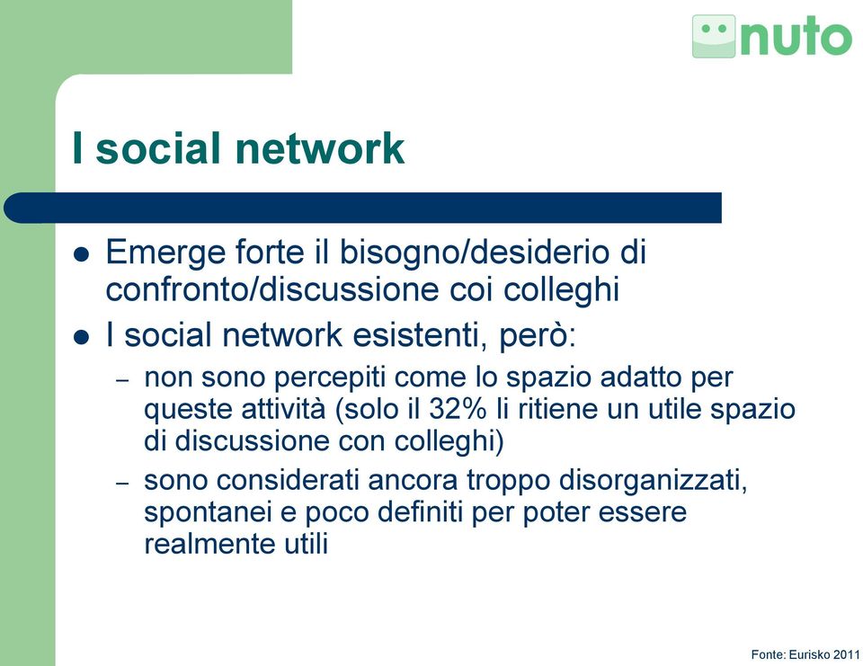 (solo il 32% li ritiene un utile spazio di discussione con colleghi) sono considerati ancora