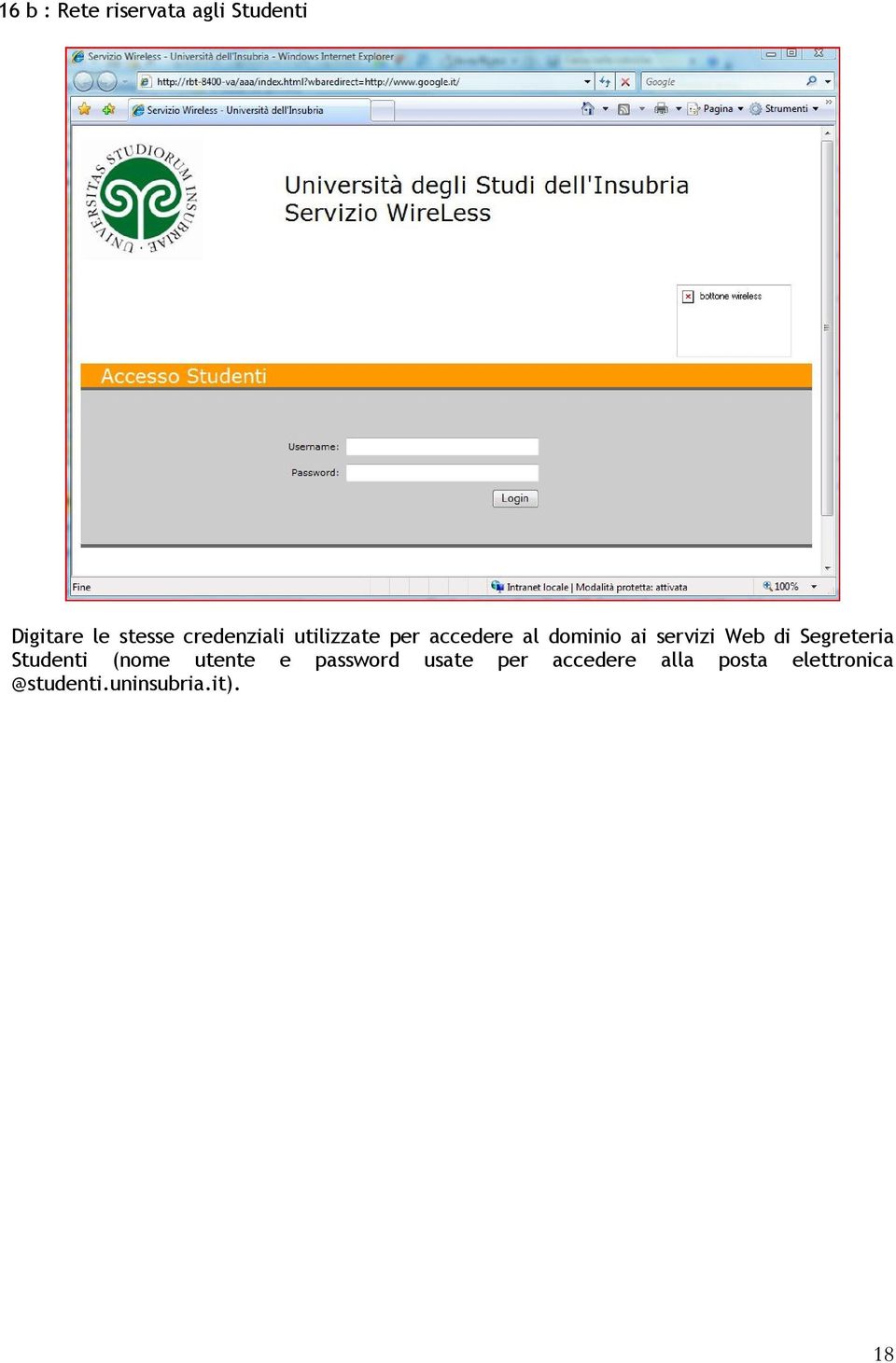 Web di Segreteria Studenti (nome utente e password usate