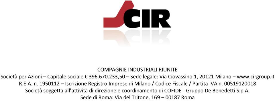 1950112 Iscrizione Registro Imprese di Milano / Codice Fiscale / Partita IVA n.