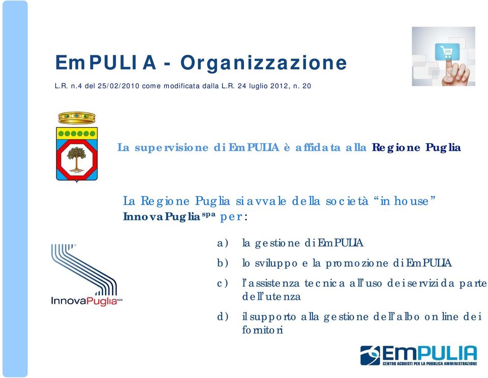 house InnovaPuglia spa per : a) la gestione di EmPULIA b) lo sviluppo e la promozione di EmPULIA c) l