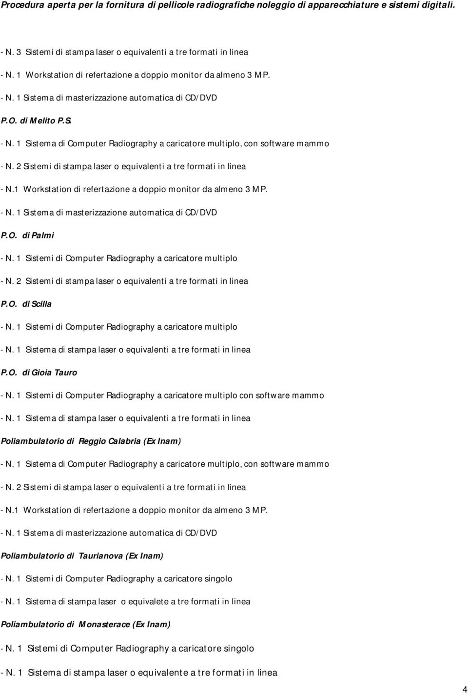 1 Workstation di refertazione a doppio monitor da almeno 3 MP. N. 1 Sistema di masterizzazione automatica di CD/DVD P.O. di Palmi N. 1 Sistemi di Computer Radiography a caricatore multiplo N.