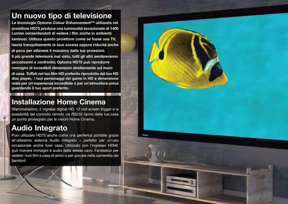 Il più grande televisore mai visto, tutti gli altri sembreranno piccolissimi a confronto; Optoma HD75 può riprodurre immagini di incredibili dimensioni direttamente sul muro di casa.