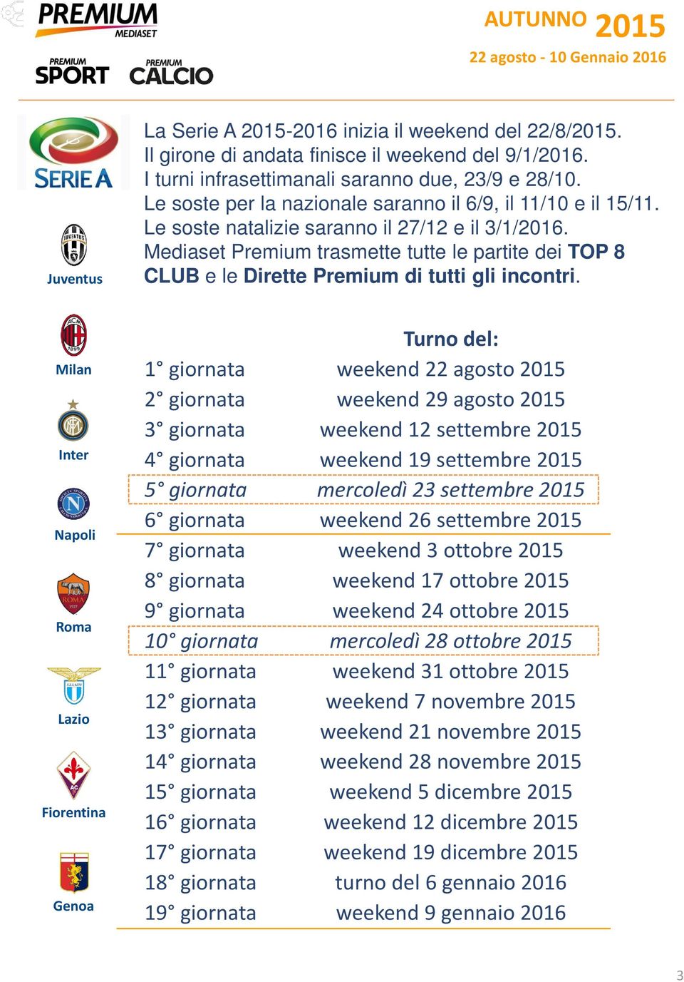 Mediaset Premium trasmette tutte le partite dei TOP 8 CLUB e le Dirette Premium di tutti gli incontri.