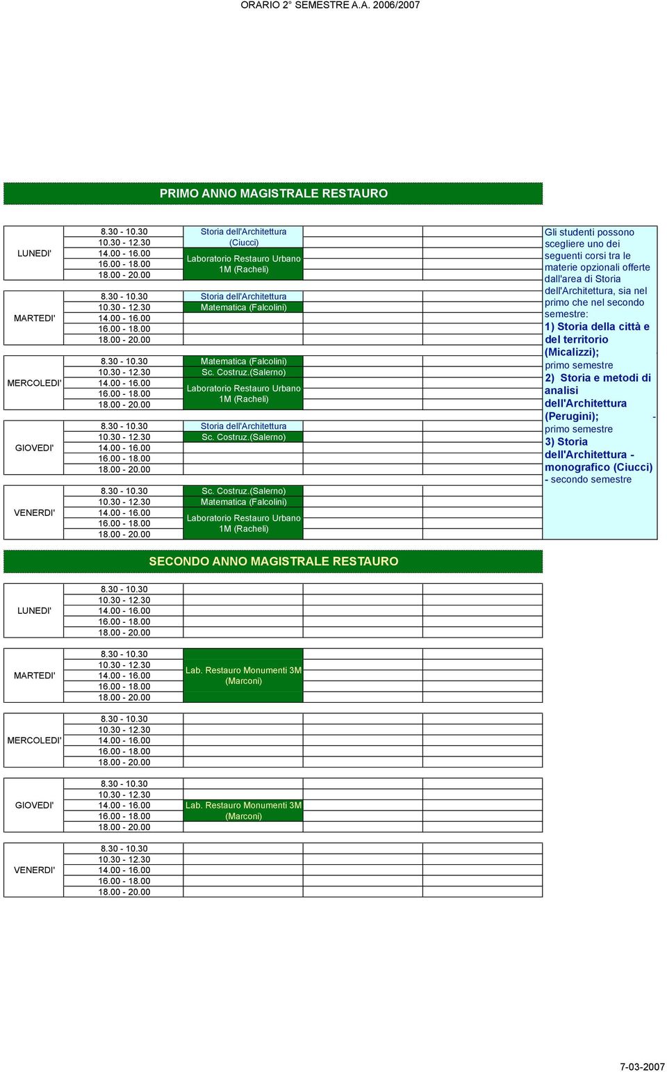 (Salerno) Matematica (Falcolini) Storia dell'architettura (Ciucci) SECONDO ANNO MAGISTRALE RESTAURO Gli studenti possono scegliere uno dei seguenti corsi tra le