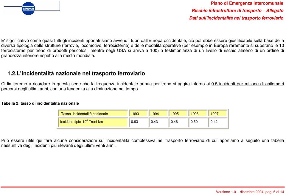 testimonianza di un livello di rischio almeno di un ordine di grandezza inferiore rispetto alla media mondiale. 1.2.