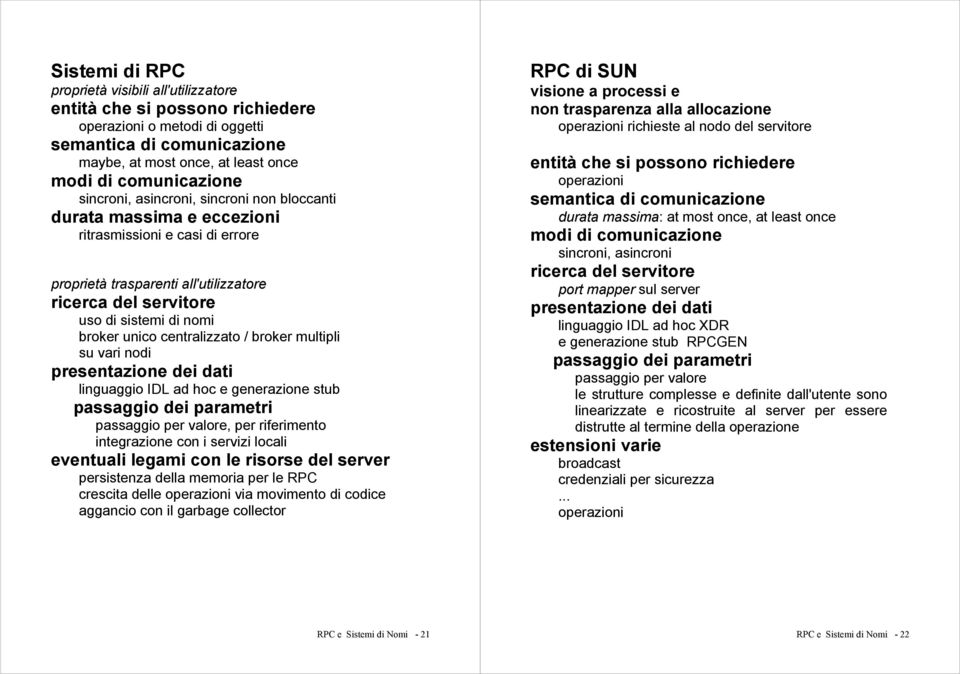 centralizzato / broker multipli su vari nodi presentazione dei dati linguaggio IDL ad hoc e generazione stub passaggio dei parametri passaggio per valore, per riferimento integrazione con i servizi