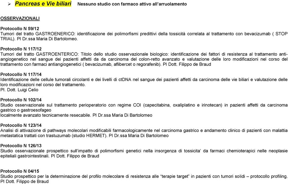 Protocollo N 117/12 Tumori del tratto GASTROENTERICO: Titolo dello studio osservazionale biologico: identificazione dei fattori di resistenza al trattamento antiangiogenetico nel sangue dei pazienti