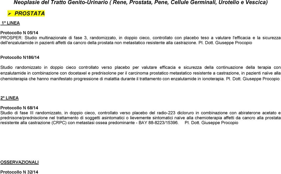 Giuseppe Procopio Protocollo N186/14 Studio randomizzato in doppio cieco controllato verso placebo per valutare efficacia e sicurezza della continuazione della terapia con enzalutamide in