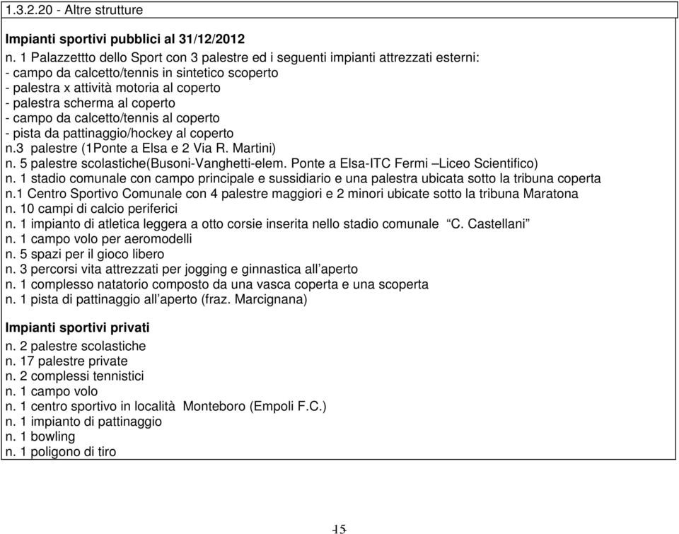 coperto - campo da calcetto/tennis al coperto - pista da pattinaggio/hockey al coperto n.3 palestre (1Ponte a Elsa e 2 Via R. Martini) n. 5 palestre scolastiche(busoni-vanghetti-elem.