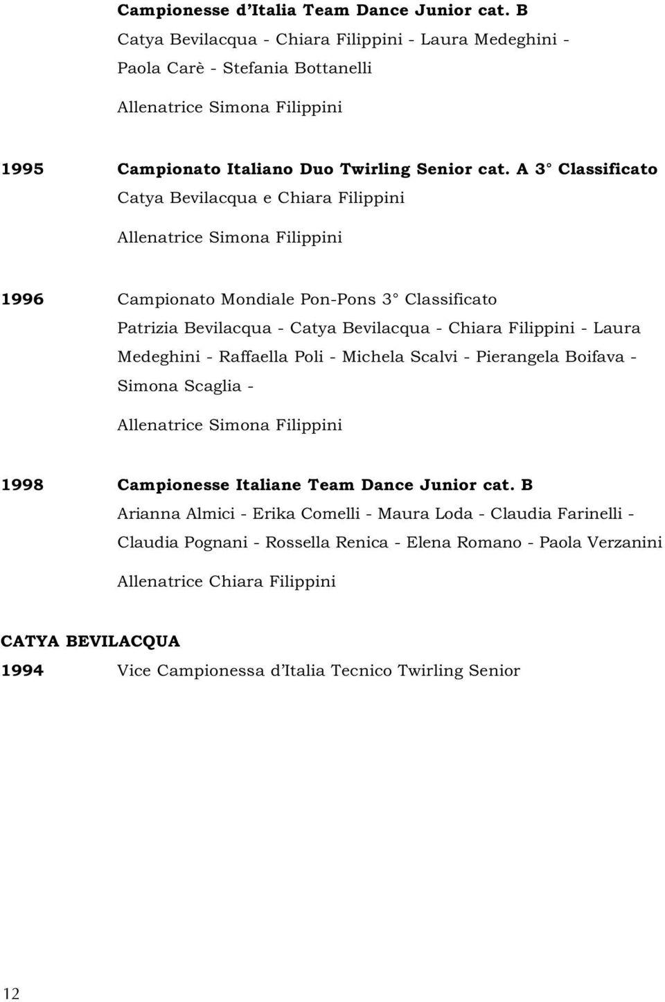 A 3 Classificato Catya Bevilacqua e Chiara Filippini 1996 Campionato Mondiale Pon-Pons 3 Classificato Patrizia Bevilacqua - Catya Bevilacqua - Chiara Filippini - Laura Medeghini -