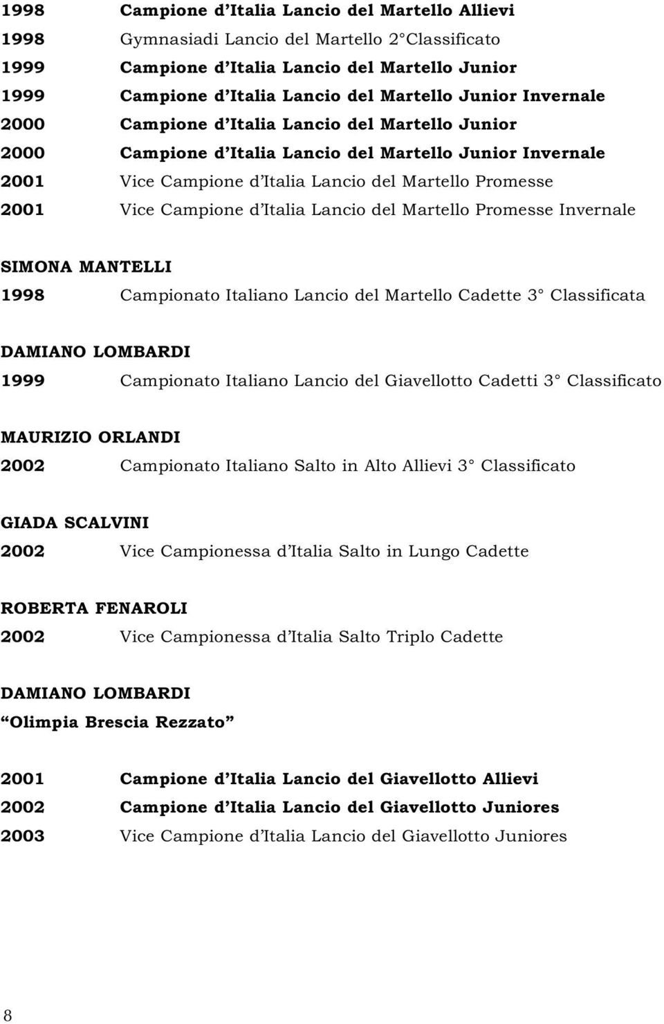 Campione d Italia Lancio del Martello Promesse Invernale SIMONA MANTELLI 1998 Campionato Italiano Lancio del Martello Cadette 3 Classificata DAMIANO LOMBARDI 1999 Campionato Italiano Lancio del