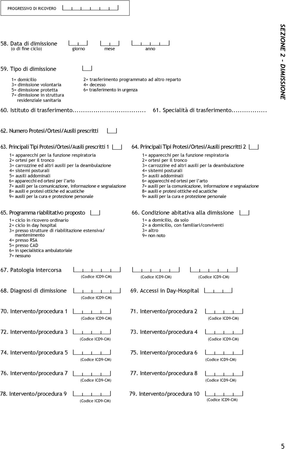 trasferimento in urgenza SEZIONE 2 - DIMISSIONE 60. Istituto di trasferimento... 61. Specialità di trasferimento... 62. Numero Protesi/Ortesi/Ausili prescritti 63.