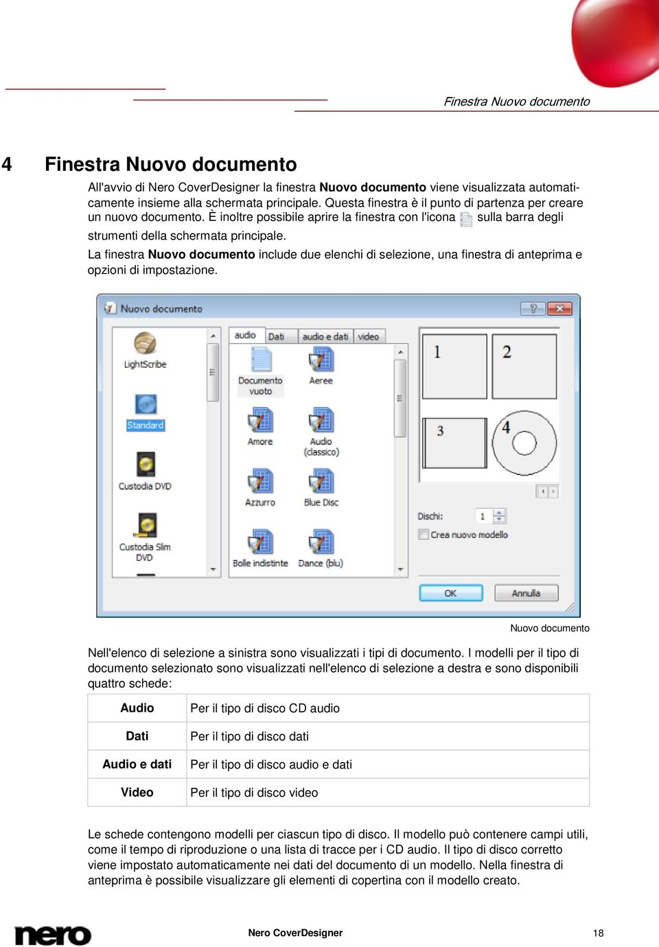 La finestra Nuovo documento include due elenchi di selezione, una finestra di anteprima e opzioni di impostazione.