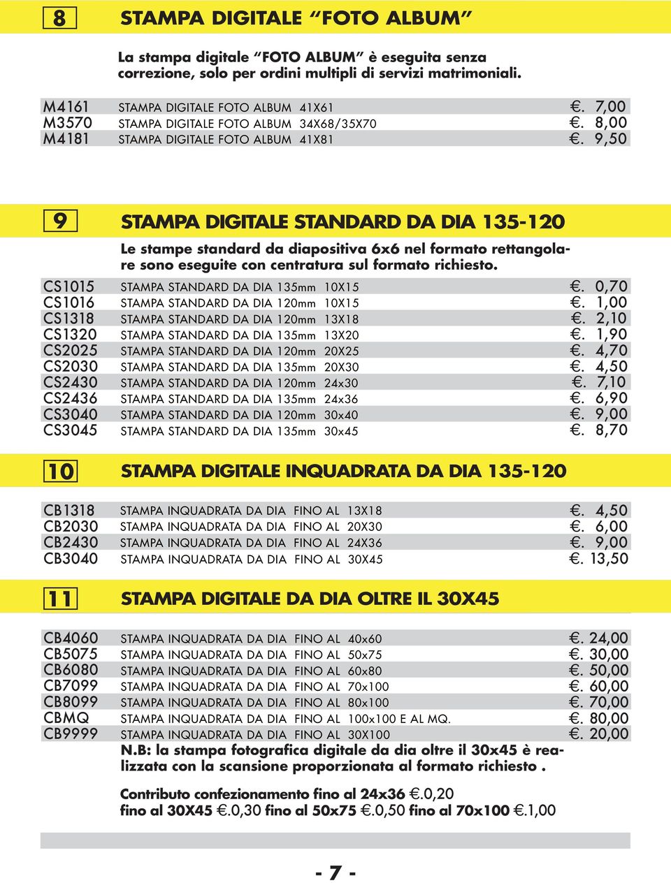 9,50 9 CS1015 CS1016 CS1318 CS1320 CS2025 CS2030 CS2430 CS2436 CS3040 CS3045 10 STAMPA DIGITALE STANDARD DA DIA 135-120 Le stampe standard da diapositiva 6x6 nel formato rettangolare sono eseguite