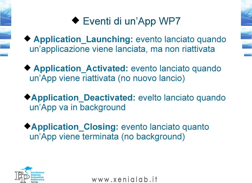 riattivata (no nuovo lancio) Application_Deactivated: evelto lanciato quando un App va in