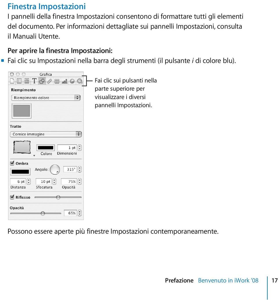 Per aprire la finestra Impostazioni: m Fai clic su Impostazioni nella barra degli strumenti (il pulsante i di colore blu).