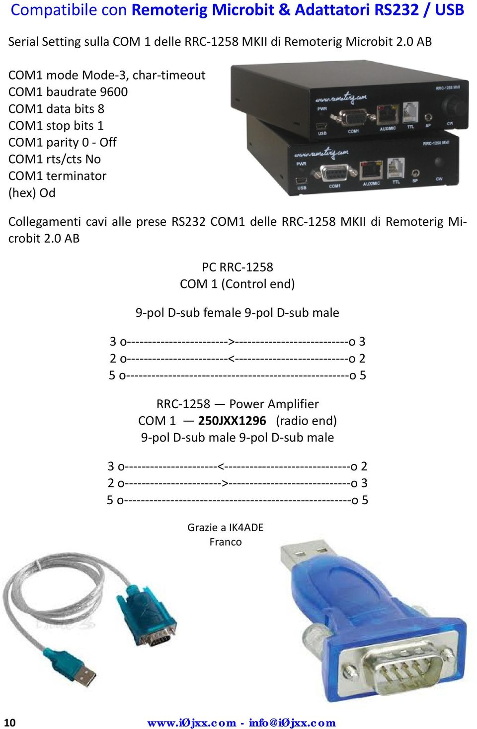 Collegamenti cavi alle prese RS232 COM1 delle RRC 1258 MKII di Remoterig Microbit 2.